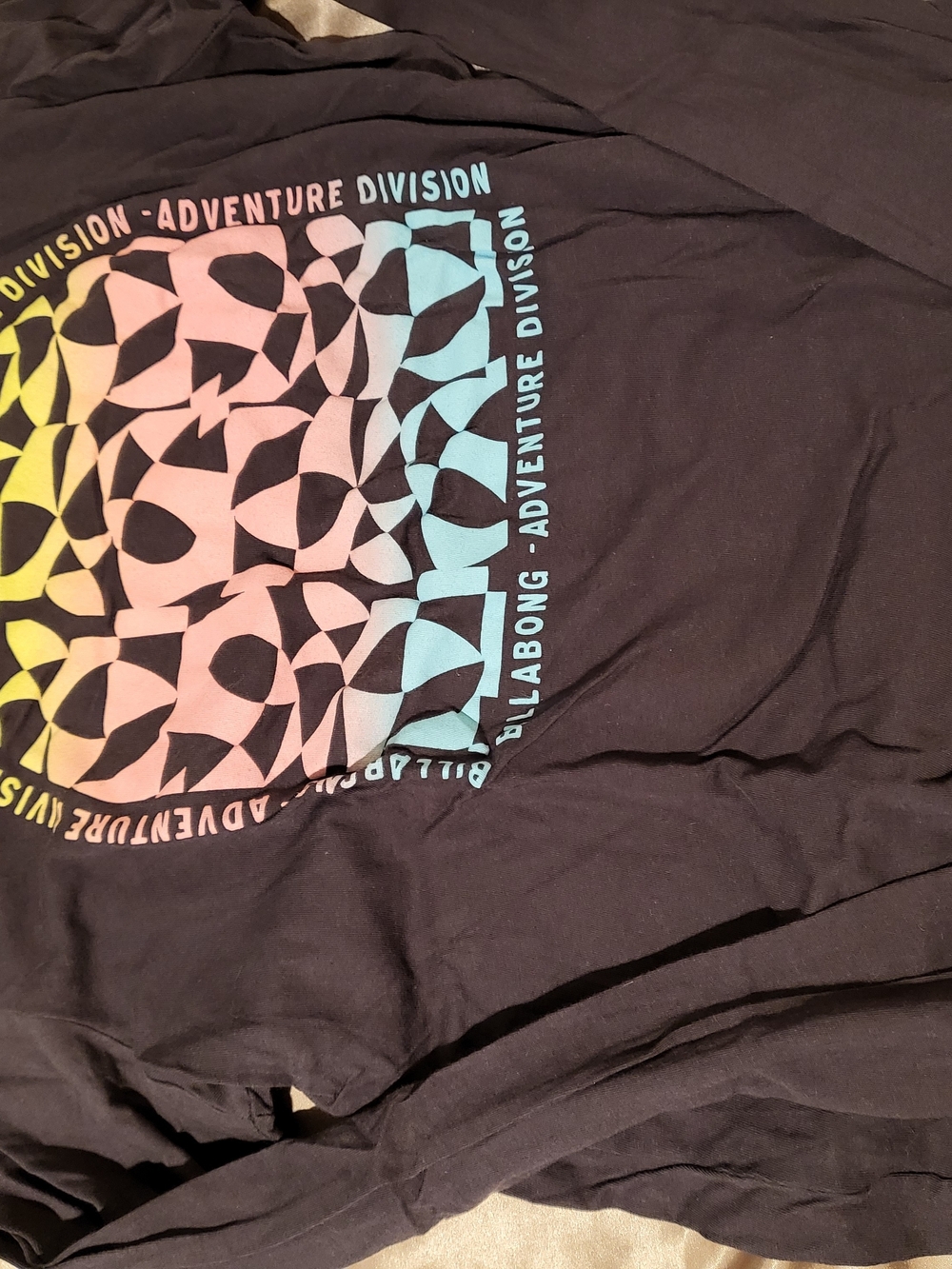 Billabong Black Tee with Yellow-Pink-Blue Gradient Graphic